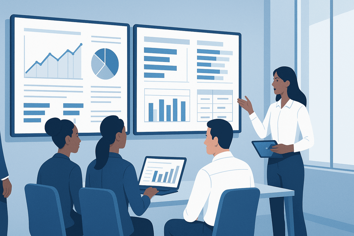 Team analyzing business intelligence dashboards and data insights