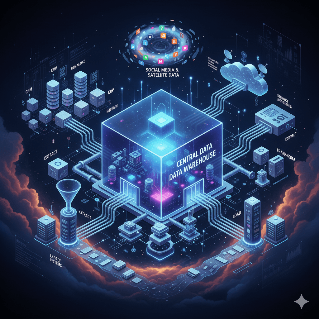 Data integration concept illustrating connected business systems